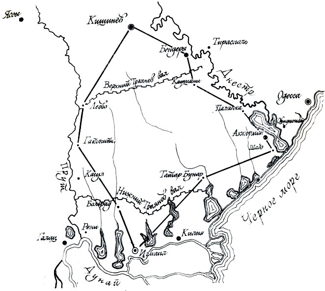 Схема маршрута поездки А. С. Пушкина по Бессарабии с 9 по 23 декабря 1821г