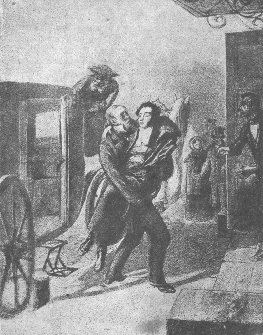 Возвращение раненого Пушкина домой. С рисунка Бореля