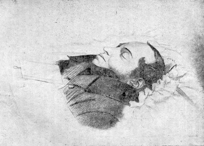 Пушкин в гробу. Рисунок Бруни