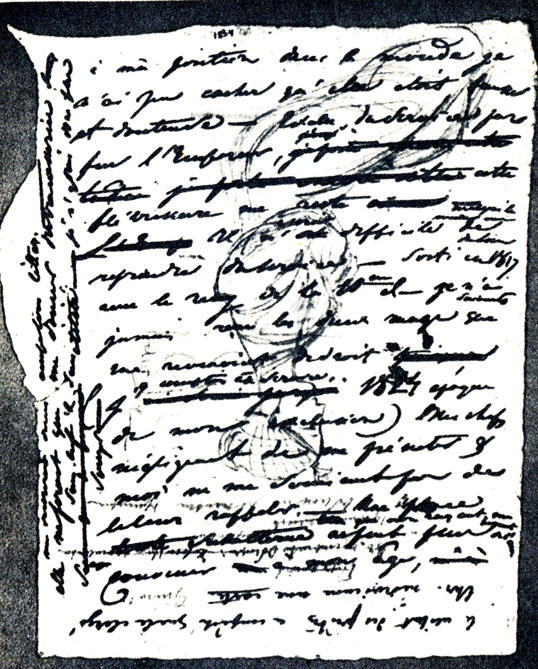 Н. Н. Гончарова. Рисунок Пушкина. Поверх него черновой текст письма к Бенкендорфу от 16 апреля 1830